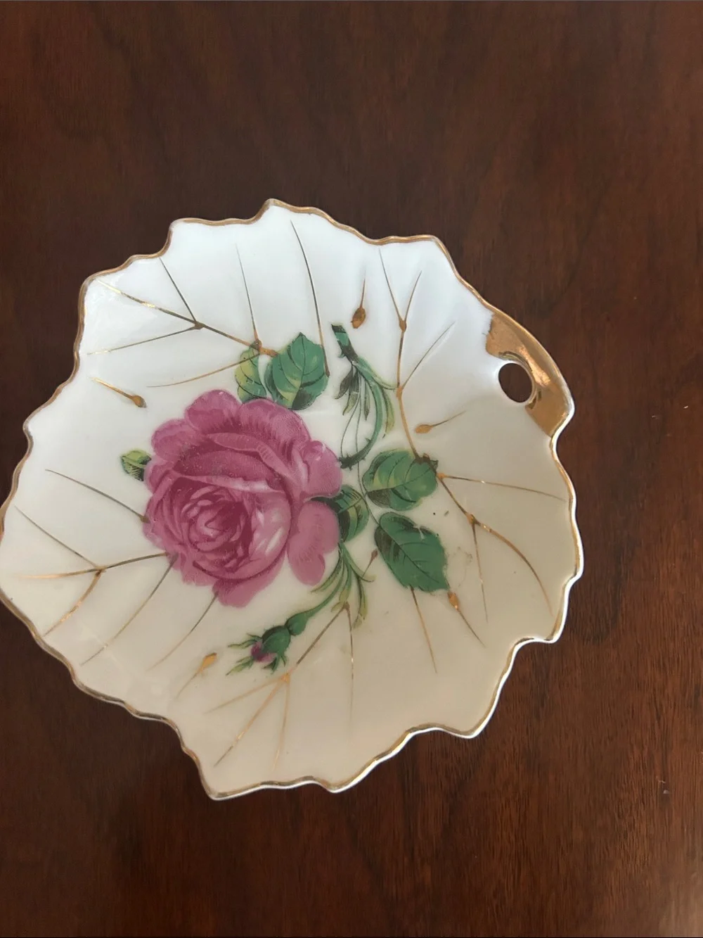 Vintage Pink Rose Porcelain Dish with Gold Trim